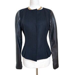Valette black wool fitted jacket with leather sleeves, XS